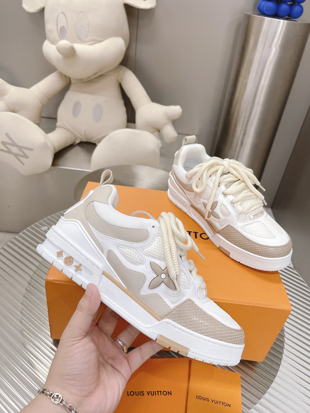 L v cream sneakers